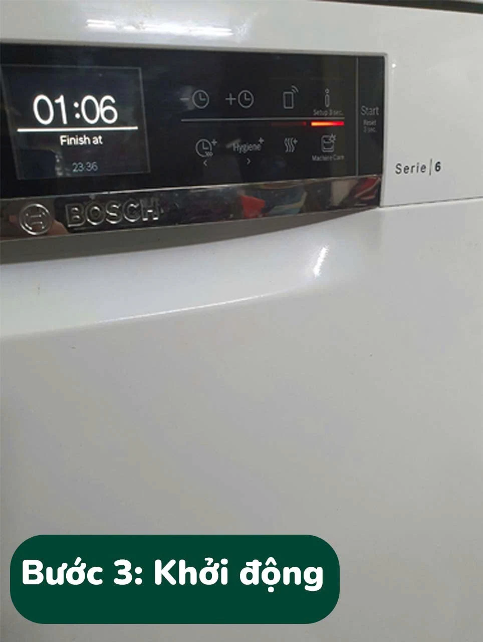 Vệ sinh máy rửa bát: 3 bước chuẩn Đức 3 Bước 3: chọn chế độ Machine Care trên bảng điều khiển máy rửa bát Bosch